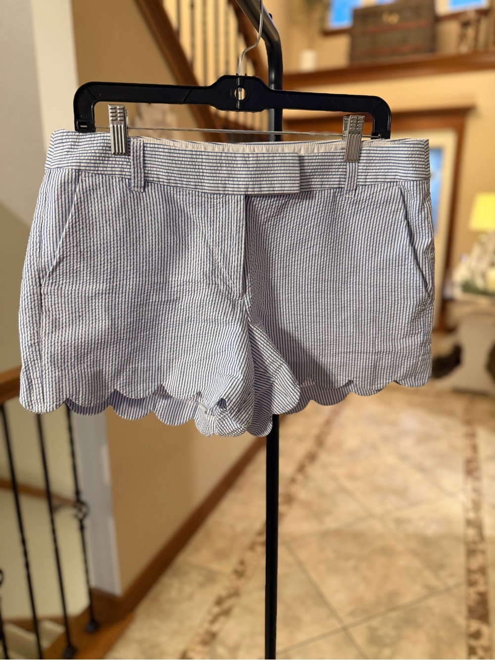 J.Crew Size 10 Blue White Striped Scallop Hem Shorts Seersucker Preppy